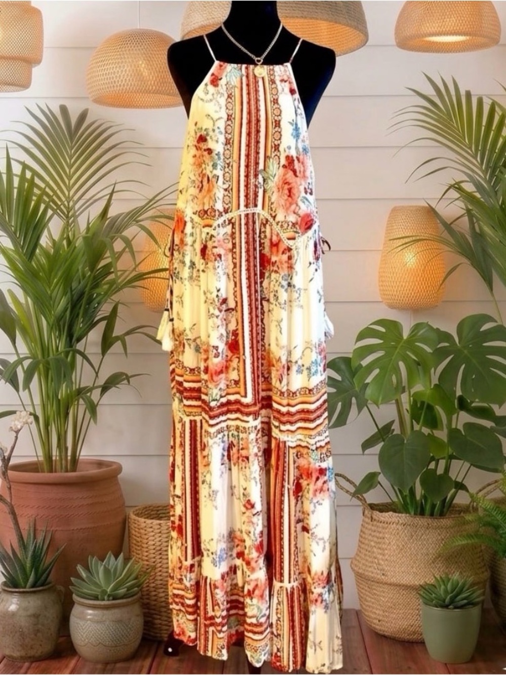 Bohemian Lace Up Sides Maxi Dress Tassel Ties